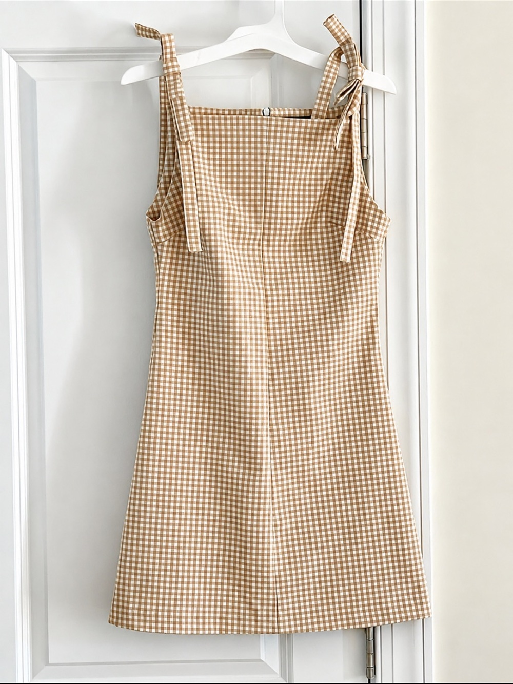 Zara gingham tie-shoulder mini dress square neckline beige checkered pattern XS